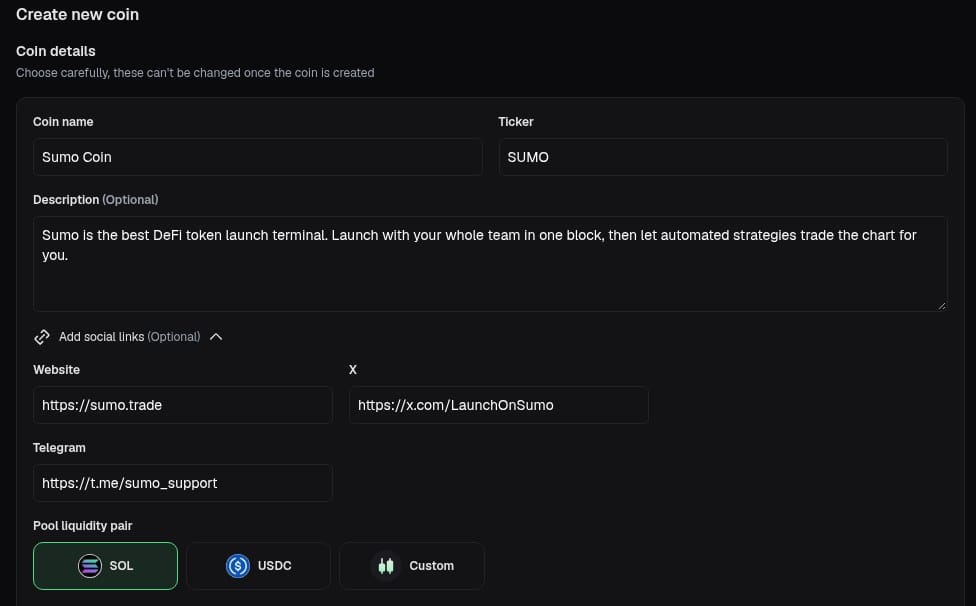 The pump.fun Create new coin form with coin name, ticker, description, social links and the SOL, USDC or Custom pool pair selector