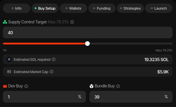 Sumo launch setup, Buy Setup step for a Pump.fun launch: a 40% supply control target, estimated SOL required, estimated market cap, and the dev buy and bundle buy split