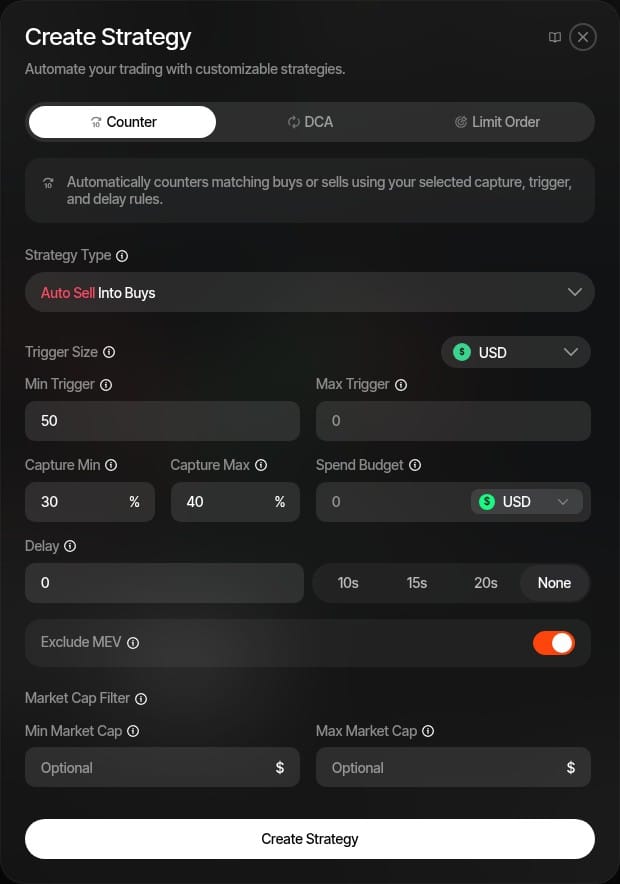 Sumo Create Strategy form set to Counter Trade, Auto Sell Into Buys: trigger on buys over $50, capture 30 to 40 percent, exclude MEV bots