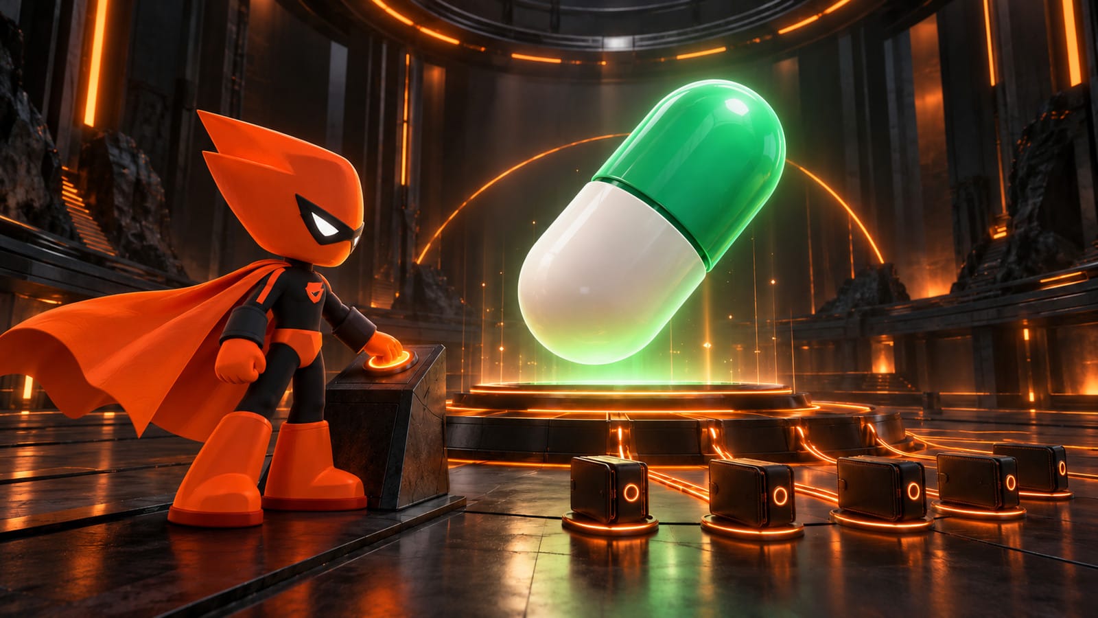 Sumo’s orange superhero mascot activates a launch platform beneath a floating green-and-white Pump.fun capsule, with connected team wallet modules.