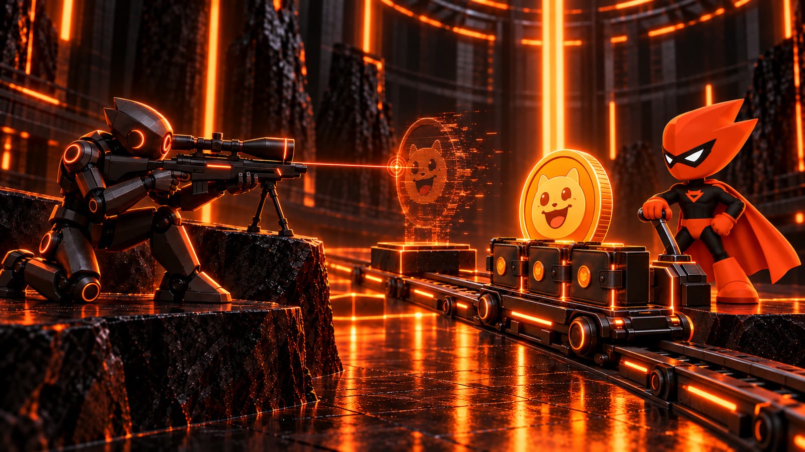 Sumo advances a memecoin and three linked team wallets on a launch carriage while a robotic sniper targets a fading outline at their previous position.