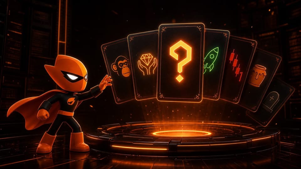The Sumo mascot decoding a glowing deck of memecoin slang symbol cards in a dark futuristic archive.