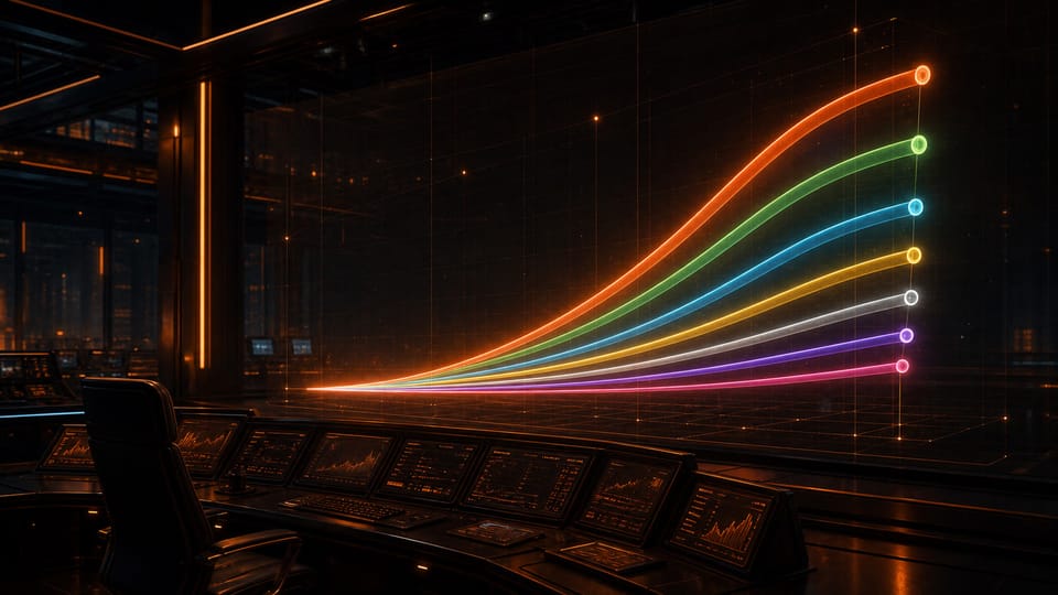 Seven rising memecoin bonding curves compared on a holographic display in a cinematic trading control room.