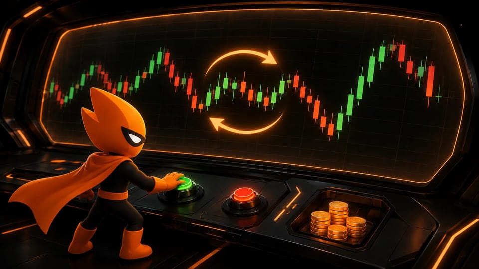Sumo mascot at a trading console, managing a volatile candlestick chart with Counter Trade arrows and collected coins.