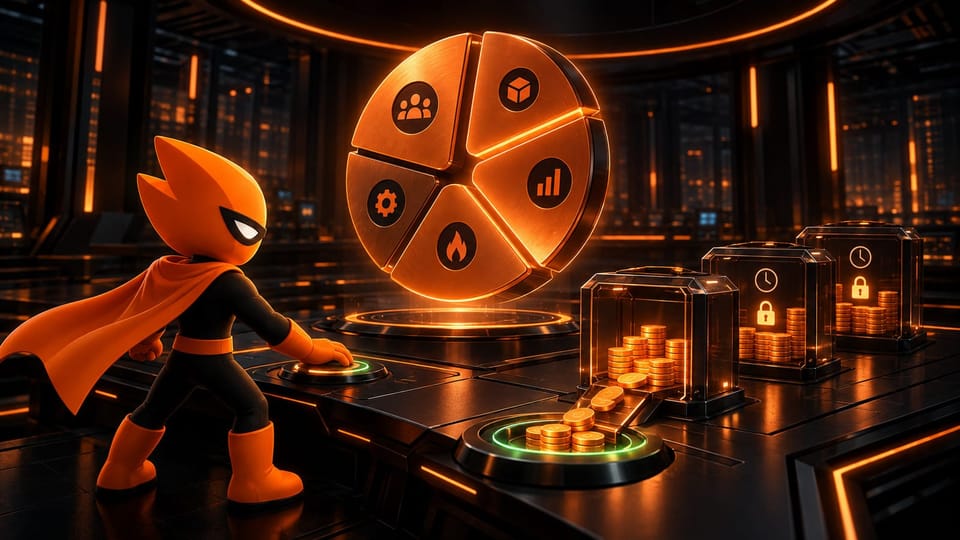 The orange Sumo mascot oversees a segmented token allocation disc and timed token-release vaults in a dark treasury control room.