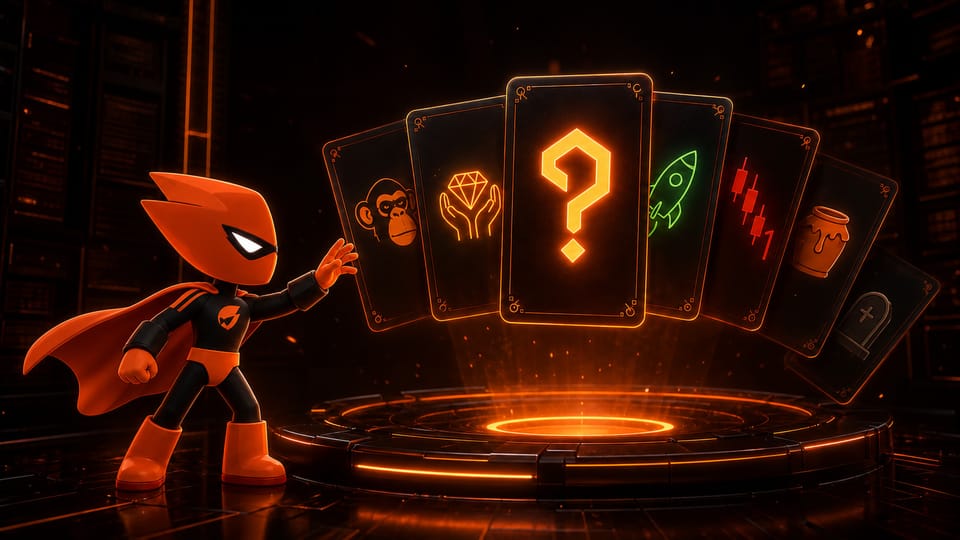 The Sumo mascot decoding a glowing deck of memecoin slang symbol cards in a dark futuristic archive.