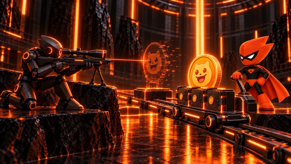 Sumo advances a memecoin and three linked team wallets on a launch carriage while a robotic sniper targets a fading outline at their previous position.