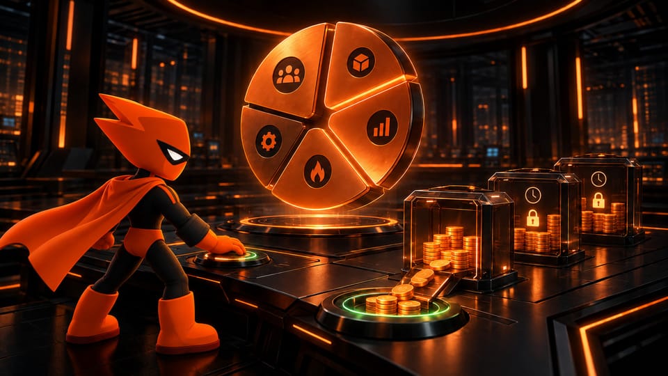 The orange Sumo mascot oversees a segmented token allocation disc and timed token-release vaults in a dark treasury control room.